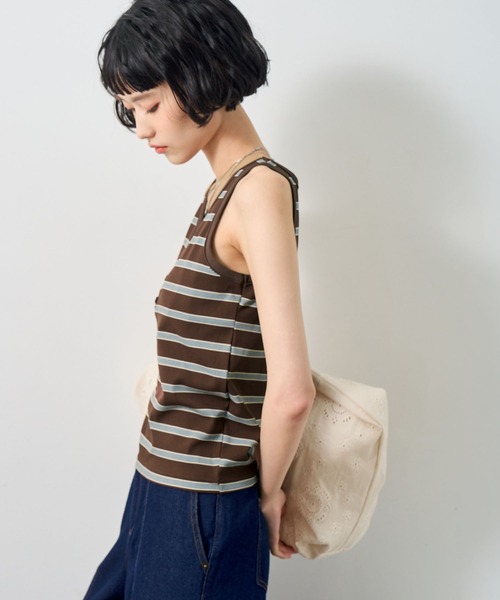 NOGLE(ノグル)の「【NOGLE/ノグル】ボーダーヘンリーネックリブタンクトップ/カップ付き(タンクトップ・レディース・アイボリー/ブラウン/ブルー/グレー・FREE)」の18枚目の写真