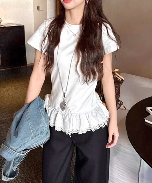 shyam inspiration（シャムインスピレーション）の「裾フリルレースTシャツ/レイヤード/半袖（Tシャツ/カットソー・レディース・グレー/ホワイト・M/L）」の9枚目の写真