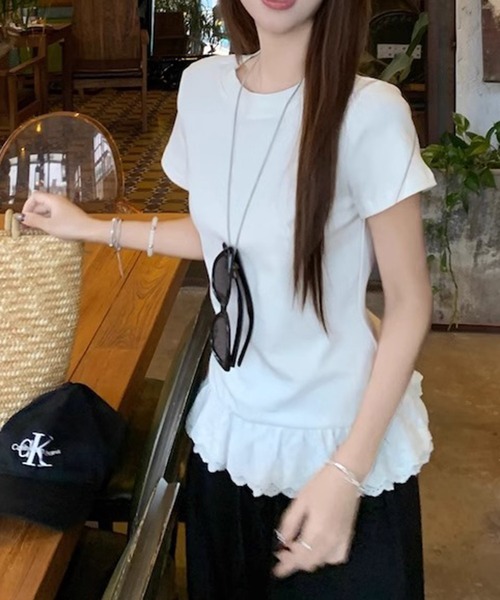 shyam inspiration（シャムインスピレーション）の「裾フリルレースTシャツ/レイヤード/半袖（Tシャツ/カットソー・レディース・グレー/ホワイト・M/L）」の11枚目の写真