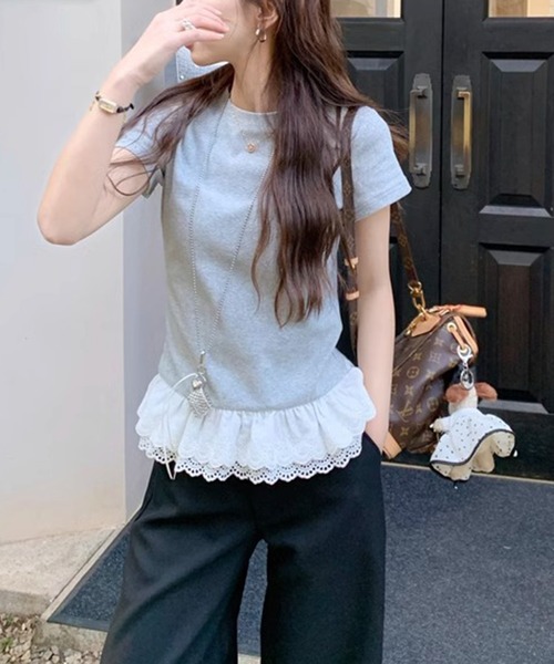 shyam inspiration（シャムインスピレーション）の「裾フリルレースTシャツ/レイヤード/半袖（Tシャツ/カットソー・レディース・グレー/ホワイト・M/L）」の16枚目の写真