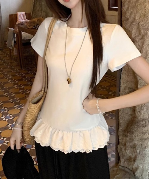 shyam inspiration（シャムインスピレーション）の「裾フリルレースTシャツ/レイヤード/半袖（Tシャツ/カットソー・レディース・グレー/ホワイト・M/L）」の13枚目の写真