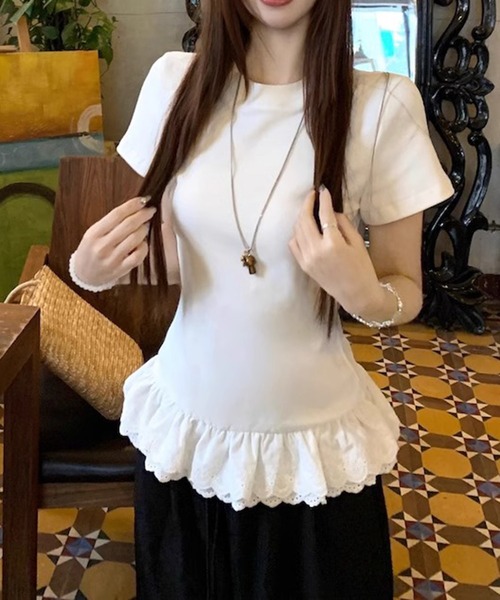 shyam inspiration（シャムインスピレーション）の「裾フリルレースTシャツ/レイヤード/半袖（Tシャツ/カットソー・レディース・グレー/ホワイト・M/L）」の12枚目の写真