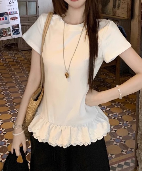 shyam inspiration（シャムインスピレーション）の「裾フリルレースTシャツ/レイヤード/半袖（Tシャツ/カットソー・レディース・グレー/ホワイト・M/L）」の14枚目の写真