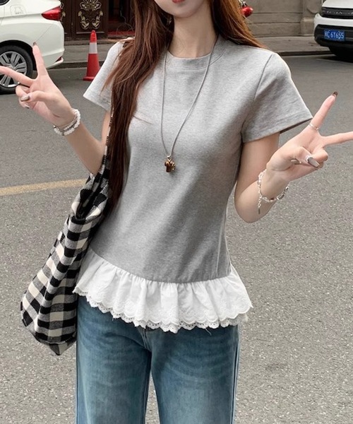 shyam inspiration（シャムインスピレーション）の「裾フリルレースTシャツ/レイヤード/半袖（Tシャツ/カットソー・レディース・グレー/ホワイト・M/L）」の20枚目の写真
