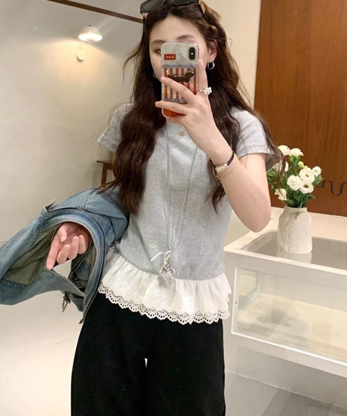 shyam inspiration（シャムインスピレーション）の「裾フリルレースTシャツ/レイヤード/半袖（Tシャツ/カットソー・レディース・グレー/ホワイト・M/L）」の18枚目の写真