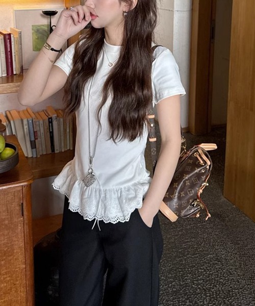 shyam inspiration（シャムインスピレーション）の「裾フリルレースTシャツ/レイヤード/半袖（Tシャツ/カットソー・レディース・グレー/ホワイト・M/L）」の5枚目の写真
