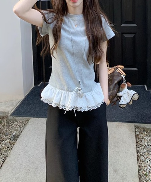 shyam inspiration（シャムインスピレーション）の「裾フリルレースTシャツ/レイヤード/半袖（Tシャツ/カットソー・レディース・グレー/ホワイト・M/L）」の15枚目の写真