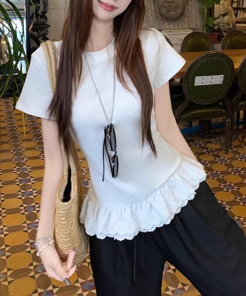 shyam inspiration（シャムインスピレーション）の「裾フリルレースTシャツ/レイヤード/半袖（Tシャツ/カットソー・レディース・グレー/ホワイト・M/L）」の10枚目の写真