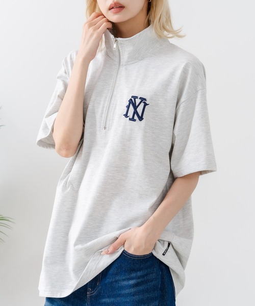 SAVIER(サビアー)の「【SAVIER/サビアー】×【ZERO STAIN/ゼロステイン】【NYロゴ立体刺繍】コラボ ハーフジップ Tシャツ オーバーサイズ 汗染み防止 ストリート・スケーター(Tシャツ/カットソー・メンズ・スミクロ/ホワイト・LARGE/MEDIUM)」の1枚目の写真