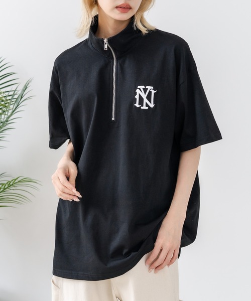 SAVIER(サビアー)の「【SAVIER/サビアー】×【ZERO STAIN/ゼロステイン】【NYロゴ立体刺繍】コラボ ハーフジップ Tシャツ オーバーサイズ 汗染み防止 ストリート・スケーター(Tシャツ/カットソー・メンズ・スミクロ/ホワイト・LARGE/MEDIUM)」の2枚目の写真