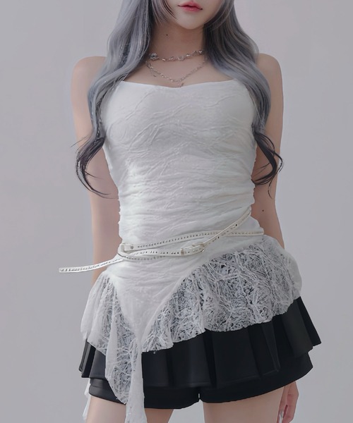 Diable baiser(ディアブルベーゼ)の「Y2K バレエコア レース チョーカー付 キャミレイヤードトップス / アシンメトリー ストレッチ(キャミソール・レディース・ホワイト/ブラック・FREE)」の1枚目の写真