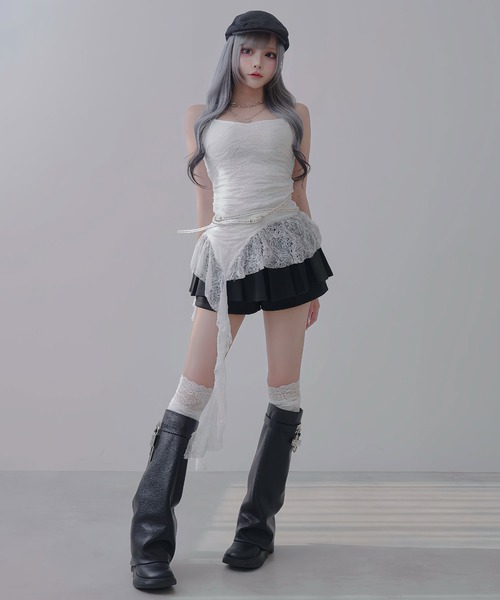 Diable baiser(ディアブルベーゼ)の「Y2K バレエコア レース チョーカー付 キャミレイヤードトップス / アシンメトリー ストレッチ(キャミソール・レディース・ホワイト/ブラック・FREE)」の3枚目の写真