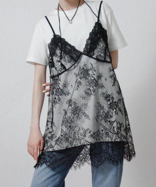 Social GIRL(ソーシャルガール)の「レースキャミレイヤードTシャツ 半袖Tシャツ キャミドッキングTシャツ(Tシャツ/カットソー・レディース・ブラック/オフホワイト/杢グレー・M)」の1枚目の写真