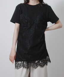 レースキャミレイヤードTシャツ 半袖Tシャツ キャミドッキングTシャツ