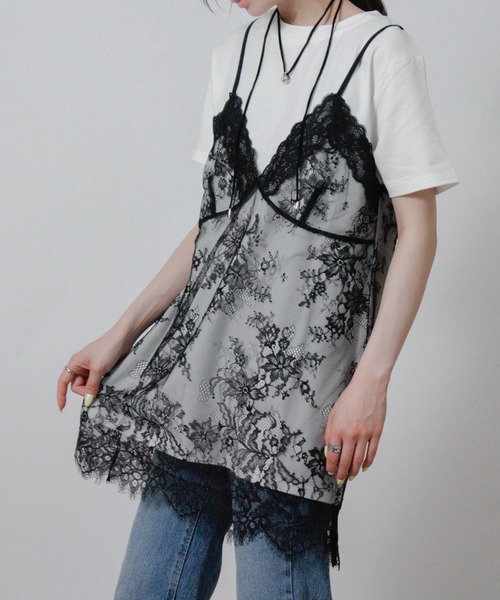 Social GIRL(ソーシャルガール)の「レースキャミレイヤードTシャツ 半袖Tシャツ キャミドッキングTシャツ(Tシャツ/カットソー・レディース・ブラック/オフホワイト/杢グレー・M)」の5枚目の写真