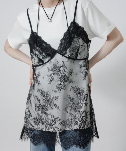Social GIRL(ソーシャルガール)の「レースキャミレイヤードTシャツ 半袖Tシャツ キャミドッキングTシャツ(Tシャツ/カットソー・レディース・ブラック/オフホワイト/杢グレー・M)」の9枚目の写真