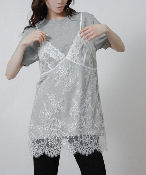 Social GIRL(ソーシャルガール)の「レースキャミレイヤードTシャツ 半袖Tシャツ キャミドッキングTシャツ(Tシャツ/カットソー・レディース・ブラック/オフホワイト/杢グレー・M)」の15枚目の写真