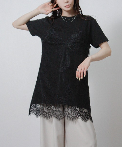Social GIRL(ソーシャルガール)の「レースキャミレイヤードTシャツ 半袖Tシャツ キャミドッキングTシャツ(Tシャツ/カットソー・レディース・ブラック/オフホワイト/杢グレー・M)」の22枚目の写真