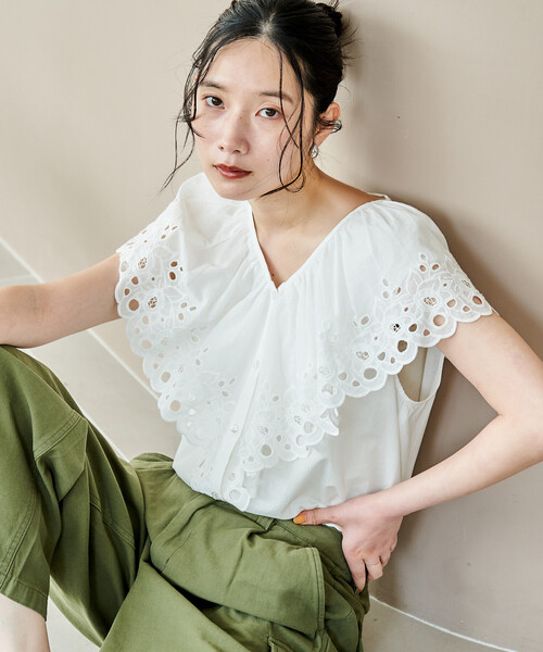 FREAK'S STORE(フリークスストア)の「ラッフル ノースリーブブラウス(シャツ/ブラウス・レディース・ブラック/オフホワイト・フリ-)」の7枚目の写真