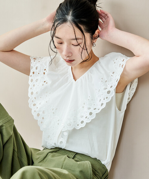 FREAK'S STORE(フリークスストア)の「ラッフル ノースリーブブラウス(シャツ/ブラウス・レディース・ブラック/オフホワイト・フリ-)」の8枚目の写真
