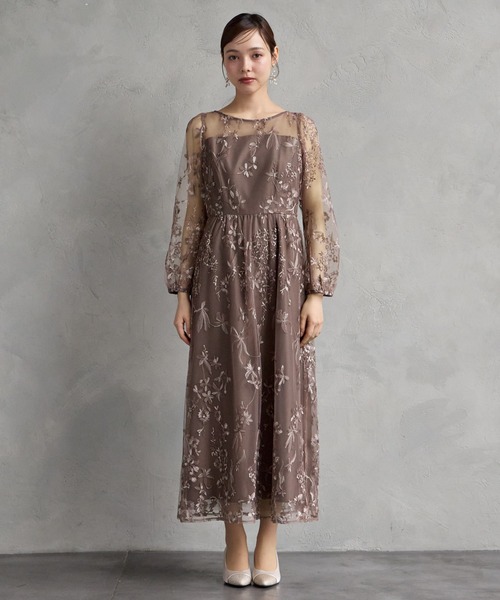 AIMER(エメ)の「グラデーションフラワー刺繍チュールロングスリーブフレアパーティードレス 結婚式 お呼ばれ ドレス 20代 30代(ドレス・レディース・ブラウン/スモーキーグリーン系/ピンクベージュ・SMALL/MEDIUM)」の6枚目の写真