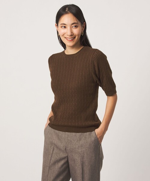 A DAY IN THE LIFE UNITED ARROWS（アデイインザライフユナイテッドアローズ）の「ケーブル ショートスリーブニット ‐ウォッシャブル‐ ＜A DAY IN THE LIFE＞（ニット/セーター・レディース・ナチュラル/ダークブラウン/ネイビー・FREE）」の4枚目の写真