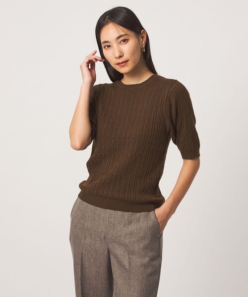 A DAY IN THE LIFE UNITED ARROWS（アデイインザライフユナイテッドアローズ）の「ケーブル ショートスリーブニット ‐ウォッシャブル‐ ＜A DAY IN THE LIFE＞（ニット/セーター・レディース・ナチュラル/ダークブラウン/ネイビー・FREE）」の5枚目の写真