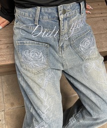 フラワー刺繍デニムワイドパンツ