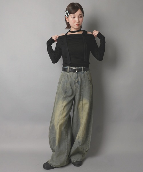 SPINNS(スピンズ)の「【セットアイテム】タイ付き長袖カットソー/ギャザー/ストール付き/韓国ガーリー(Tシャツ/カットソー・レディース・ホワイト/ブラック・ONESIZE)」の7枚目の写真