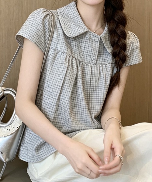 FLINEA(フリネア)の「チェック柄パフスリーブブラウス(シャツ/ブラウス・レディース・グレー/ピンク・FREE)」の4枚目の写真