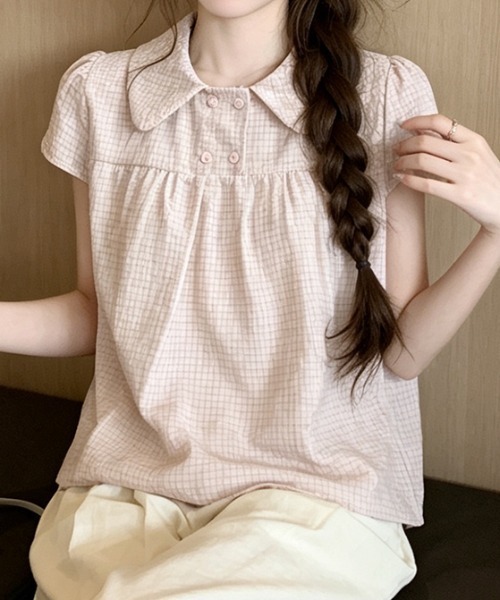 FLINEA(フリネア)の「チェック柄パフスリーブブラウス(シャツ/ブラウス・レディース・グレー/ピンク・FREE)」の6枚目の写真