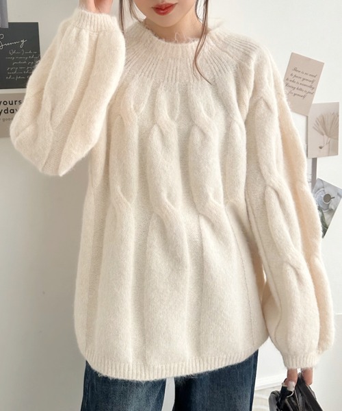 Eclat one(エクラワン)の「【ぽってり袖】立体編みで惹きつける。求心ケーブル起毛シャギーニットプルオーバー(ニット/セーター・レディース・グレー/アイボリー/チャコール・FREE)」の18枚目の写真