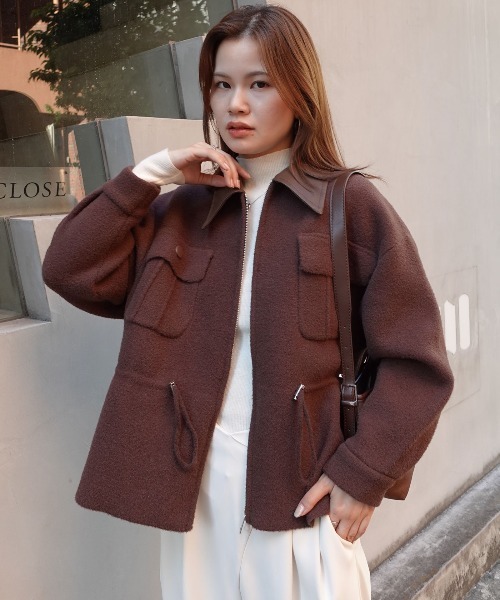 CORNERS(コーナーズ)の「フェイクウールレザーカラードロストブルゾン(ブルゾン・レディース・ベージュ系その他/ボルドー/ブラウン・M)」の2枚目の写真
