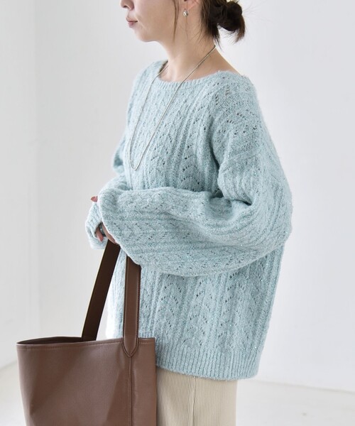 quaranciel(カランシエル)の「〈手洗い可能〉スパンコール 透かし編み ルーズ ニット(ニット/セーター・レディース・パープル/チャコールグレー/ライトブルー/ナチュラル・ONE SIZE)」の20枚目の写真