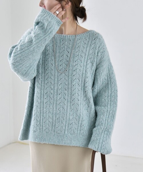 quaranciel(カランシエル)の「〈手洗い可能〉スパンコール 透かし編み ルーズ ニット(ニット/セーター・レディース・パープル/チャコールグレー/ライトブルー/ナチュラル・ONE SIZE)」の21枚目の写真