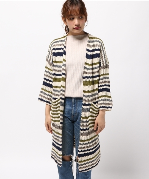 Chille anap（チルアナップ）の「マルチボーダーニットカーディガン（カーディガン/ボレロ・レディース・レッド/カーキ・FREE）」の3枚目の写真