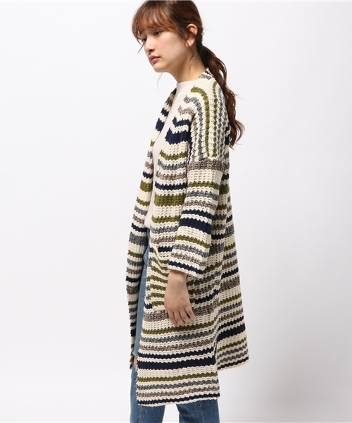 Chille anap（チルアナップ）の「マルチボーダーニットカーディガン（カーディガン/ボレロ・レディース・レッド/カーキ・FREE）」の4枚目の写真