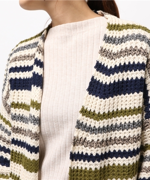 Chille anap（チルアナップ）の「マルチボーダーニットカーディガン（カーディガン/ボレロ・レディース・レッド/カーキ・FREE）」の6枚目の写真