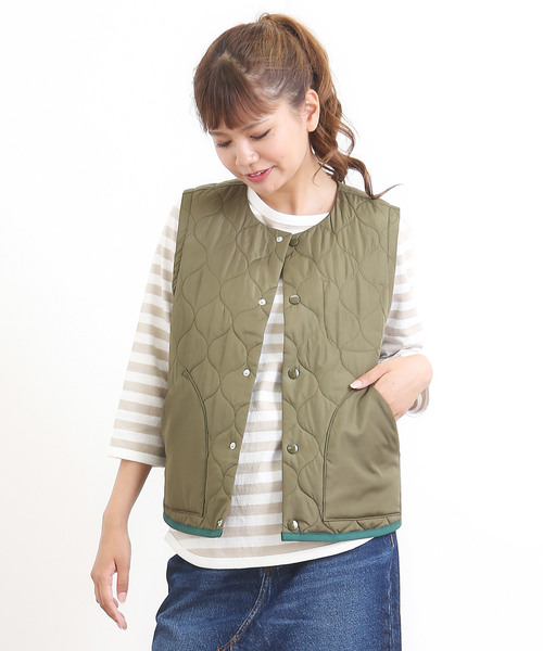 CUBE SUGAR(キューブシュガー)の「中綿キルト ミリタリーベスト(ベスト・レディース・カーキ/ネイビー・M)」の2枚目の写真