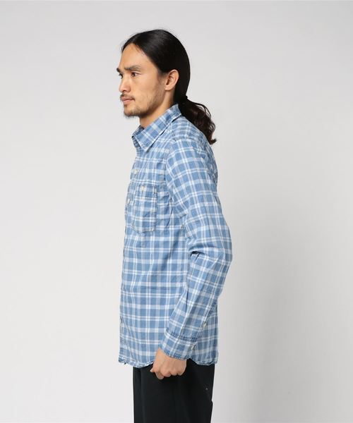 GREEN BOWL(グリーンボウル)の「GREEN BOWL Checked Pattern BleachWork Shirts/グリーンボウル チェック 柄 ブリーチ ワーク シャツ(シャツ/ブラウス・メンズ・インディゴブルー・40/38)」の3枚目の写真