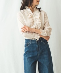 サテンストライプフリルリボン長袖ブラウス