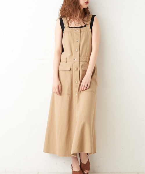 natural couture（ナチュラルクチュール）の「配色ステッチ前釦ジャンスカ（ジャンパースカート・レディース・アイボリー/ブラック/ベージュ・FREE）」の3枚目の写真