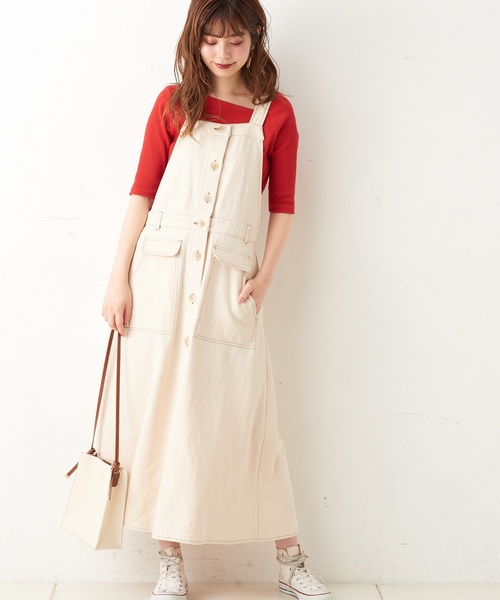 natural couture（ナチュラルクチュール）の「配色ステッチ前釦ジャンスカ（ジャンパースカート・レディース・アイボリー/ブラック/ベージュ・FREE）」の2枚目の写真