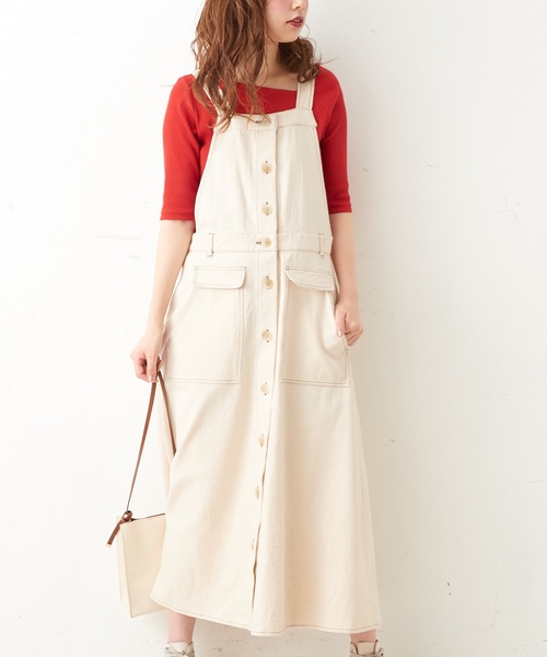 natural couture（ナチュラルクチュール）の「配色ステッチ前釦ジャンスカ（ジャンパースカート・レディース・アイボリー/ブラック/ベージュ・FREE）」の7枚目の写真
