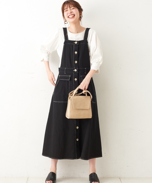 natural couture（ナチュラルクチュール）の「配色ステッチ前釦ジャンスカ（ジャンパースカート・レディース・アイボリー/ブラック/ベージュ・FREE）」の5枚目の写真