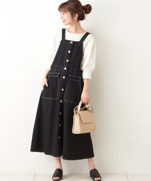 natural couture（ナチュラルクチュール）の「配色ステッチ前釦ジャンスカ（ジャンパースカート・レディース・アイボリー/ブラック/ベージュ・FREE）」の10枚目の写真