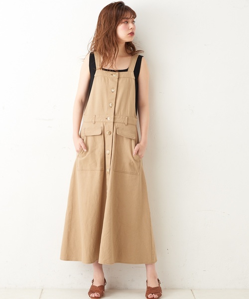 natural couture（ナチュラルクチュール）の「配色ステッチ前釦ジャンスカ（ジャンパースカート・レディース・アイボリー/ブラック/ベージュ・FREE）」の4枚目の写真