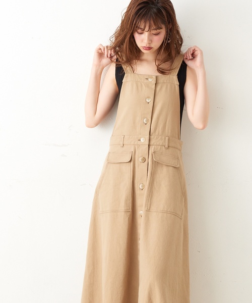 natural couture（ナチュラルクチュール）の「配色ステッチ前釦ジャンスカ（ジャンパースカート・レディース・アイボリー/ブラック/ベージュ・FREE）」の9枚目の写真