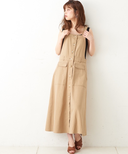 natural couture（ナチュラルクチュール）の「配色ステッチ前釦ジャンスカ（ジャンパースカート・レディース・アイボリー/ブラック/ベージュ・FREE）」の8枚目の写真