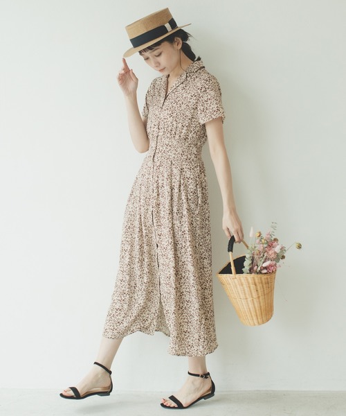 プリント マキシ丈 シャツ フレア ワンピース 開襟 半袖 ワンピース ワンピース Pairmanon ペアマノン のファッション シャツ 開襟 小花柄 ママサイズ